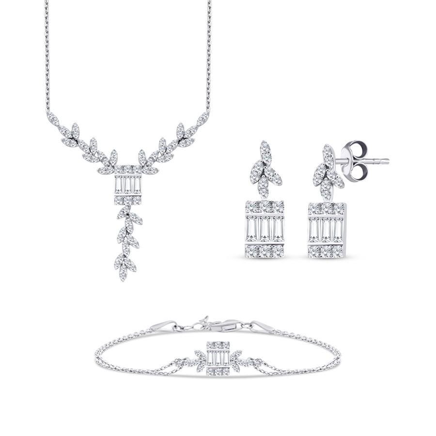 Diamond Jewelry Set -14K White Gold Necklace, Earrings, Bracelet - Bridal Wedding Jewelry, Gift for Her