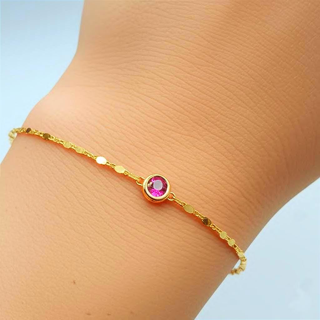 14K Solid Yellow Gold Bracelet • Red Gemstone • Handmade Luxury Jewelry • Dainty Minimalist Gift for Her