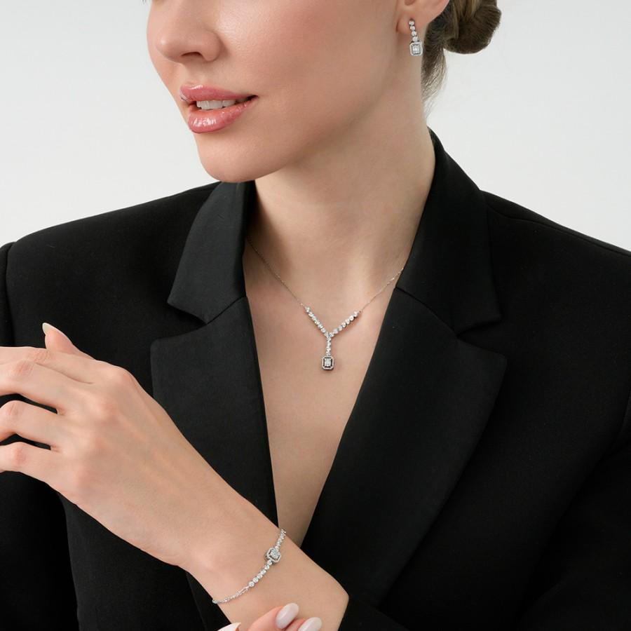 14K White Gold Diamond Jewelry Set • Baguette & Round Cut • Necklace, Earrings - Bracelet • 0.66 ct • Bridal Gift