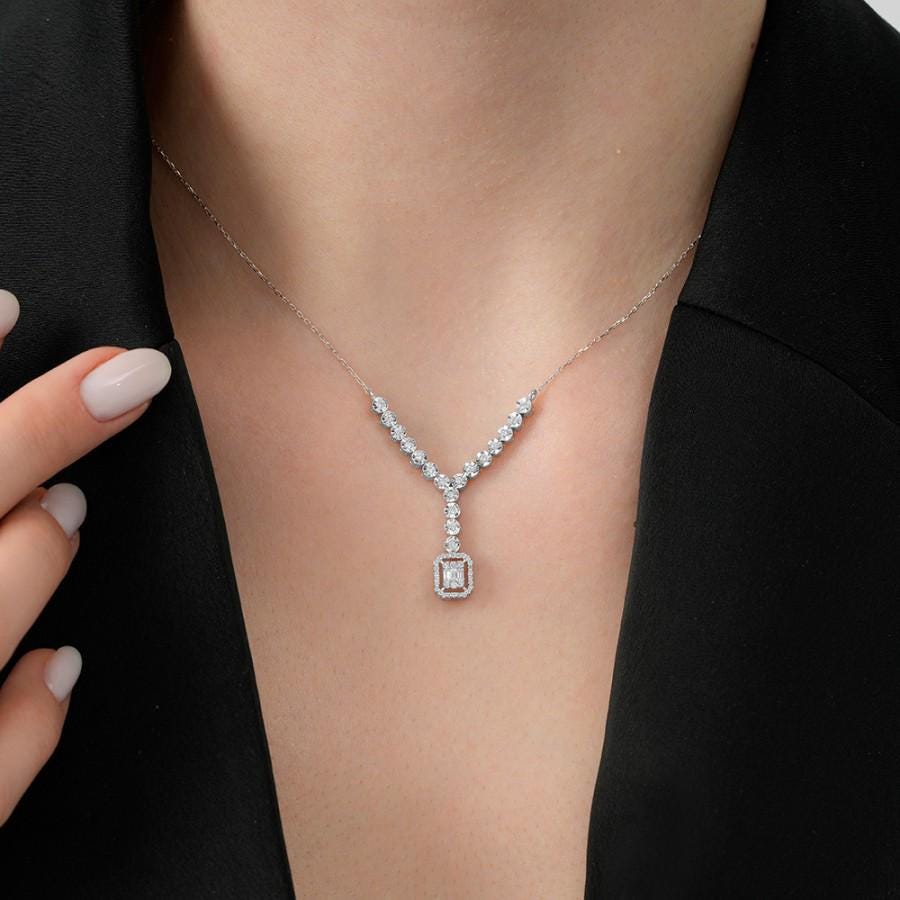 14K White Gold Diamond Jewelry Set • Baguette & Round Cut • Necklace, Earrings - Bracelet • 0.66 ct • Bridal Gift