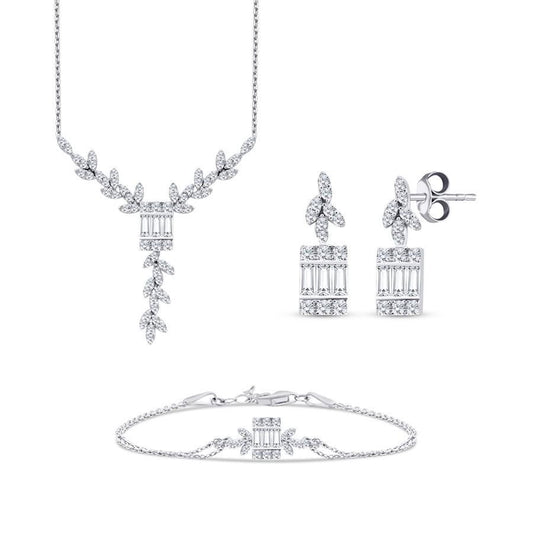 Diamond Jewelry Set -14K White Gold Necklace, Earrings, Bracelet - Bridal Wedding Jewelry, Gift for Her