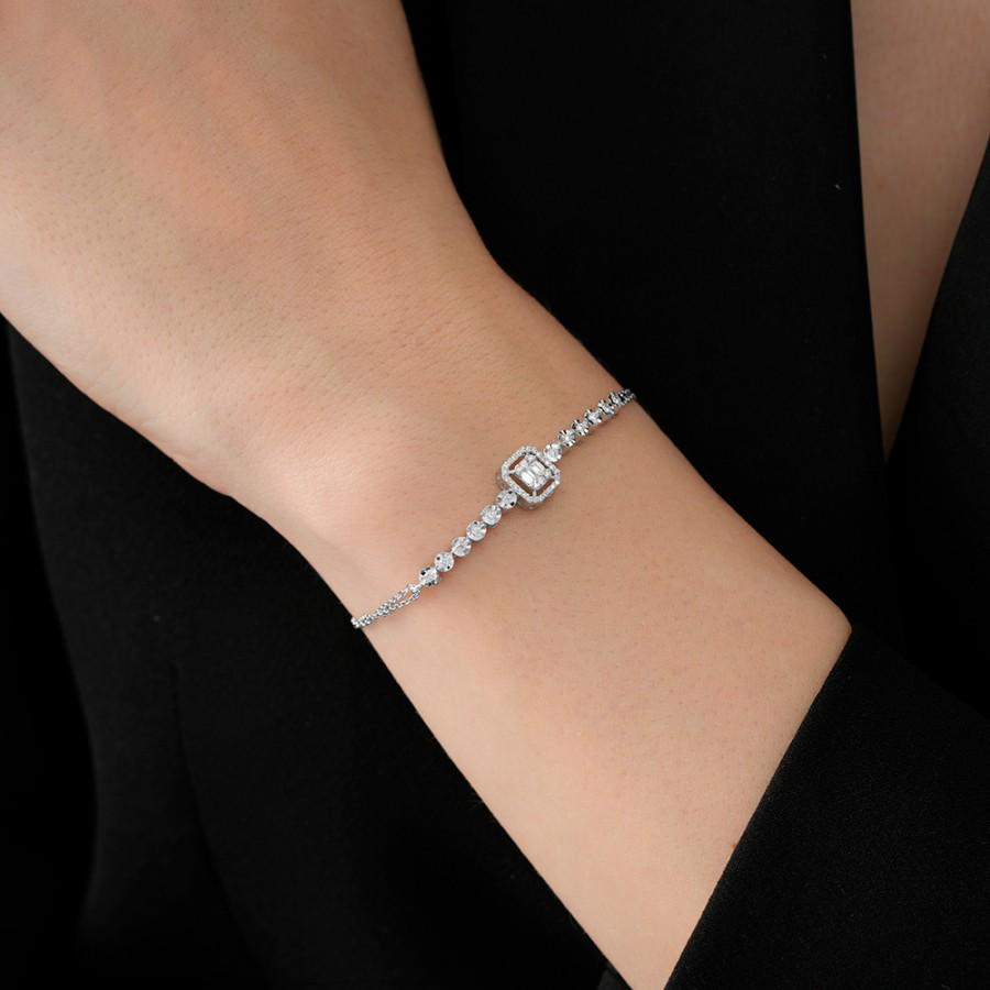 14K White Gold Diamond Jewelry Set • Baguette & Round Cut • Necklace, Earrings - Bracelet • 0.66 ct  • Bridal Gift
