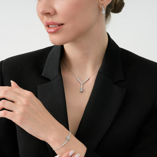 14K White Gold Diamond Jewelry Set • Baguette & Round Cut • Necklace, Earrings - Bracelet • 0.66 ct  • Bridal Gift