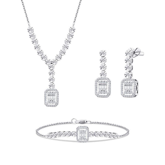 14K White Gold Diamond Jewelry Set • Baguette & Round Cut • Necklace, Earrings - Bracelet • 0.66 ct  • Bridal Gift